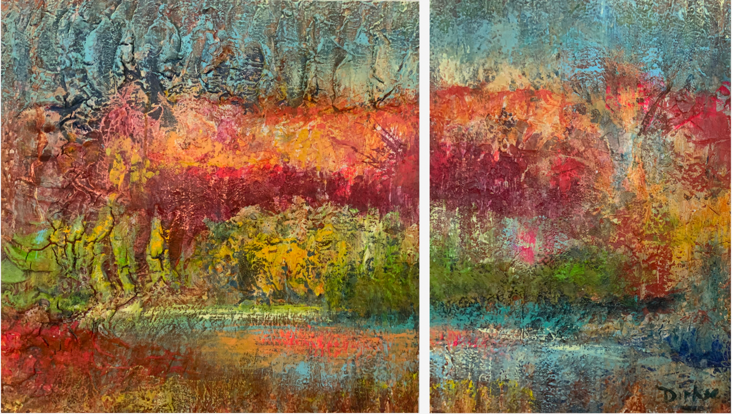 Lyrische natuur met textuurtweeluik 61x60en44x60cm
