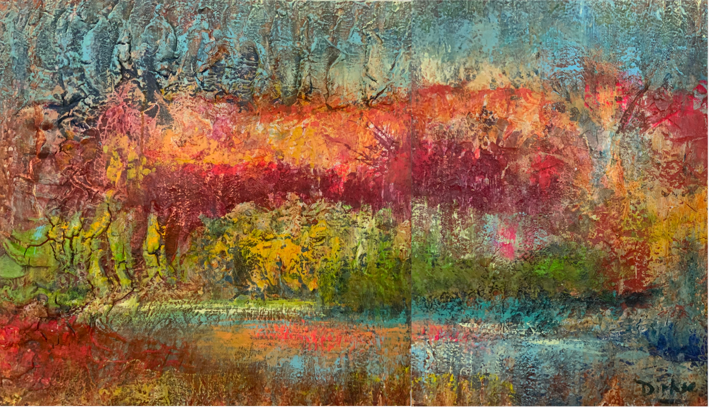 Lyrische natuur met textuurtweeluik 61x60en44x60cm