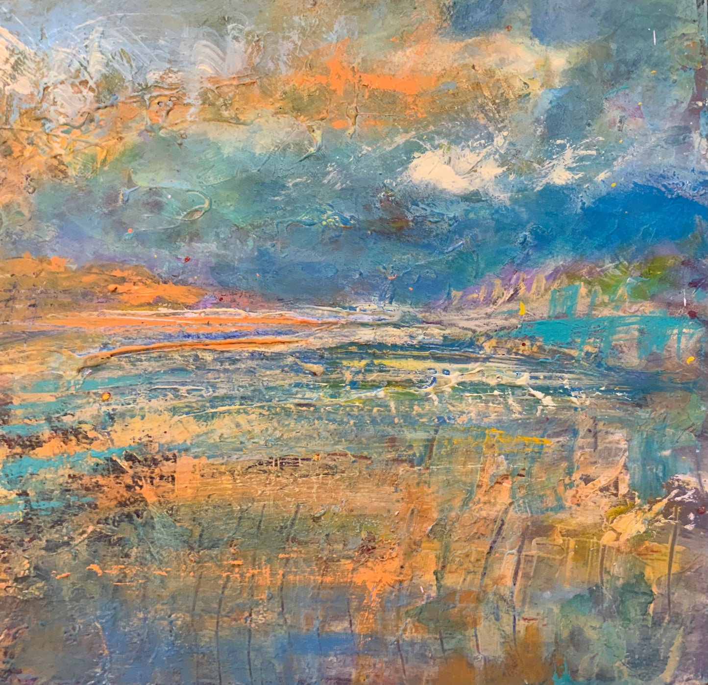Landschap in goudgeel 41x41cm