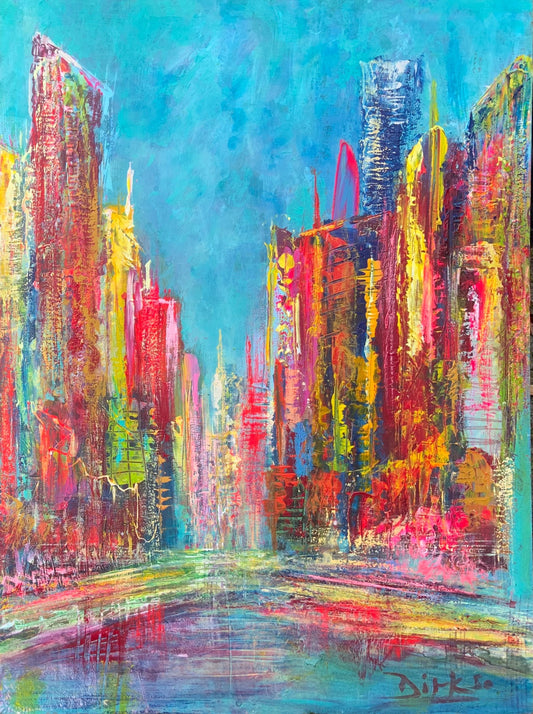 Skyline bij opkomende zon 90x120cm